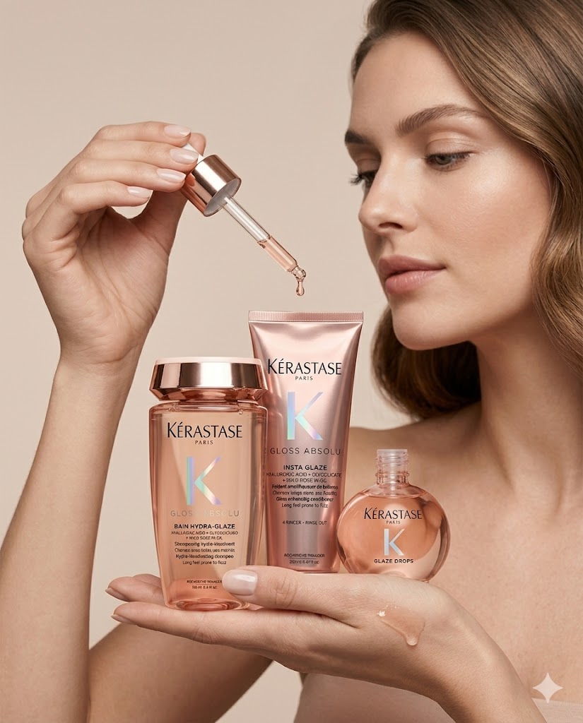 Kit Kérastase Gloss Absolu – Bain Hydra-Glaze 250ml + Insta Glaze 250ml + Glaze Drops 45ml