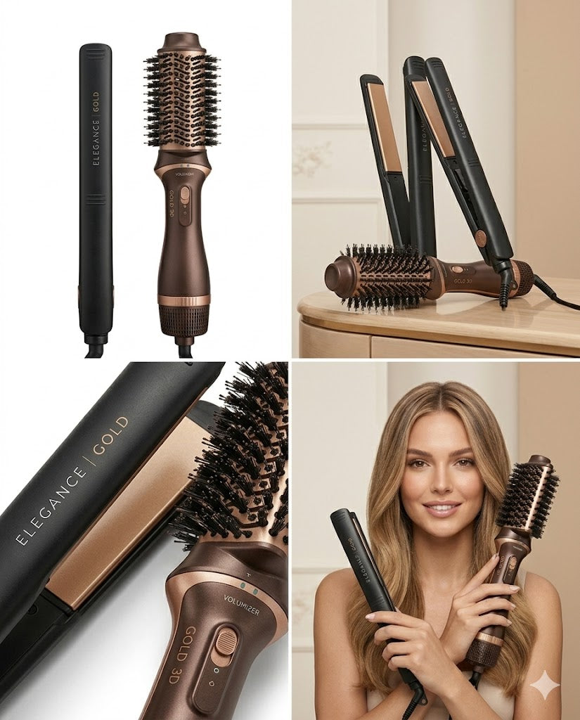 GAMA Italy Gold 3D Volumizer + Elegance Gold – Kit de Cepillo Secador y Plancha Profesional