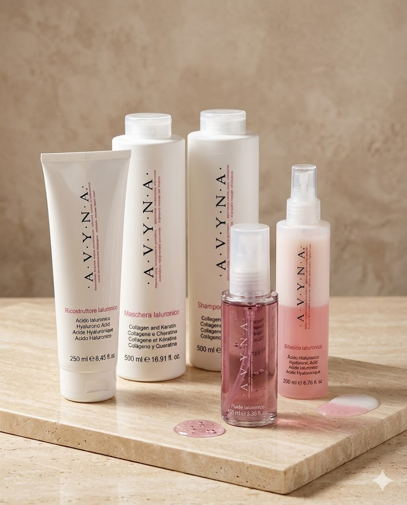 AVYNA RITUAL HIALURÓNICO SHAMPOO 500 ML + MASCARILLA 500 ML + RECONSTRUCTOR 250 ML + BIFÁSICO 200 ML + FLUIDO 100 ML + FINALE HIALURÓNICO 200 ML