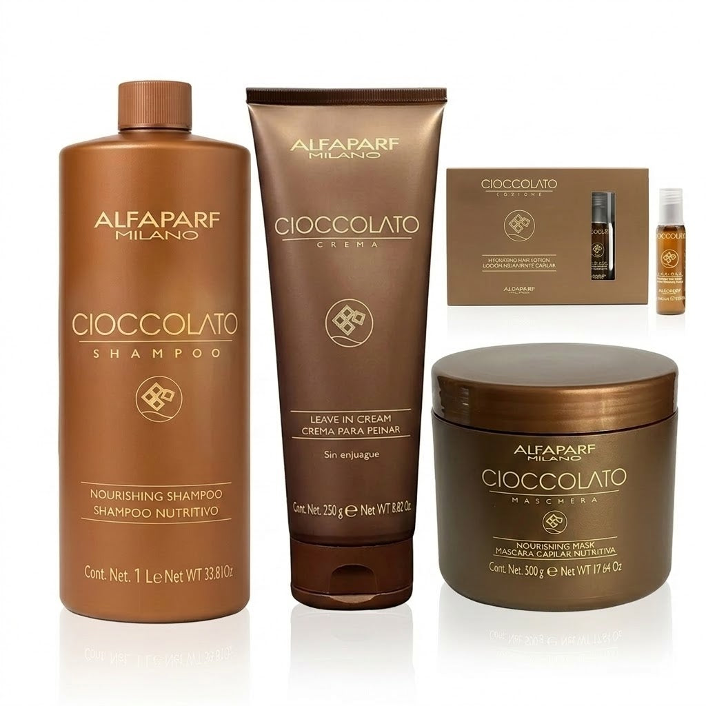 ALFAPARF MILANO CIOCCOLATO KIT NUTRICIÓN TOTAL + AMPOLLETAS FORTIFICANTES (SHAMPOO 1 L + MASCARILLA 500 G + CREMA PARA PEINAR 250 ML + TRATAMIENTO EN AMPOLLETAS)