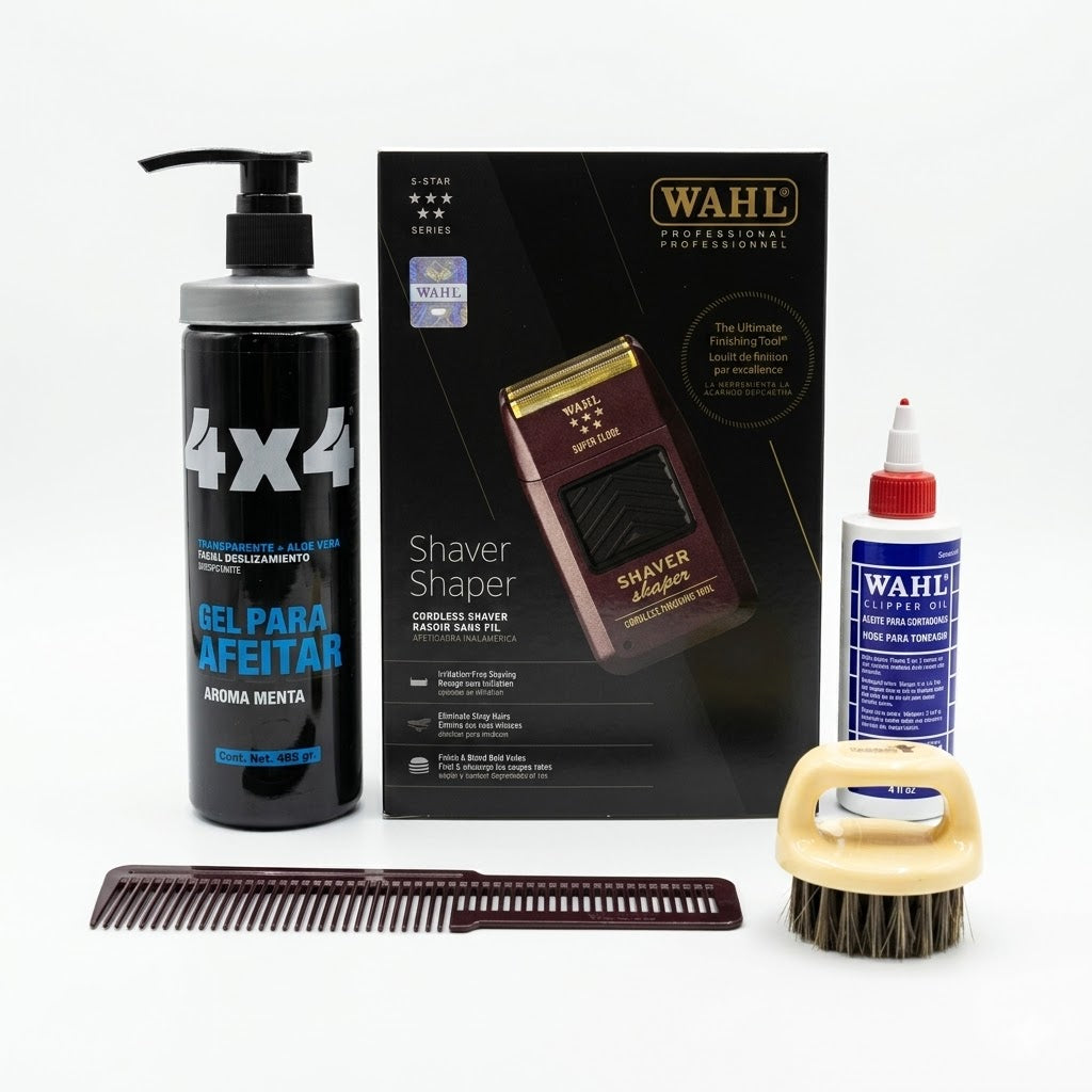 COMBO WAHL SHAVER SHAPER + GEL PARA AFEITAR 4X4 + ACEITE + ACCESORIOS BARBER