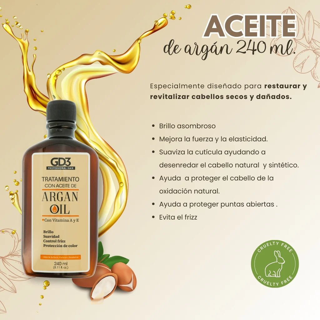 Tratamiento Capilar GD3 Argan Oil 240 ml – Tamaño Profesional Anti-Frizz