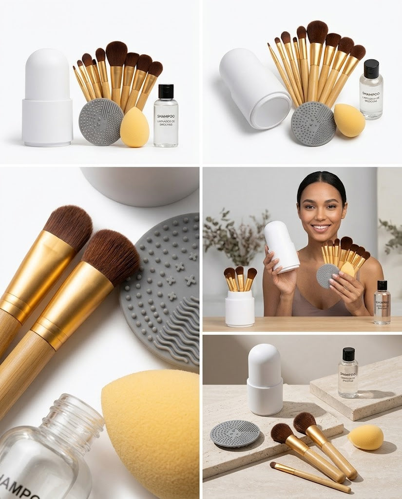 KIT BROCHAS 16 BROCHAS + ESTUCHE + PAD LIMPIA BROCHAS + SHAMPOO LIMPIADOS + BEAUTY BLENDER