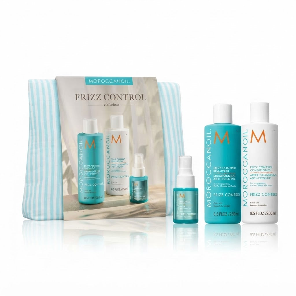 Kit Moroccanoil Frizz Control Shampoo + Acondicionador + Spray + Cosmetiquera Antifrizz