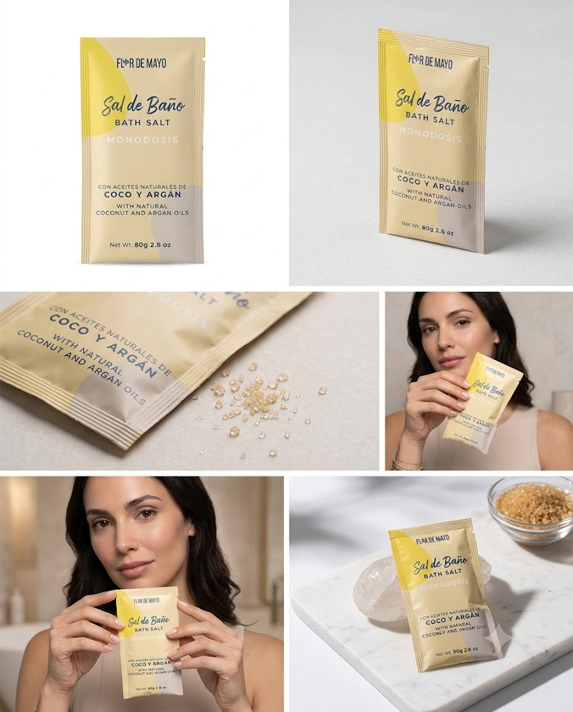 SAL DE BAÑO FLOR DE MAYO MONODOSIS. COCO Y ARGÁN 80 G