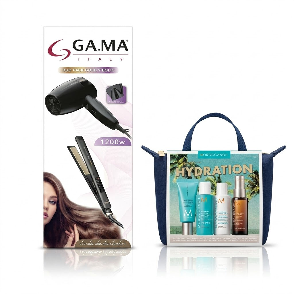 GA.MA DUO PACK GOLD + KIT MOROCCANOIL HYDRATION A SÚPER PRECIO Herramientas de styling y cuidado profesional en un combo que vale muchísimo la pena.
