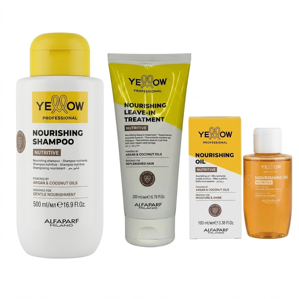 Kit Yellow Nutritive Esencial – Shampoo 500ml + Leave-in 200ml + Aceite 120ml