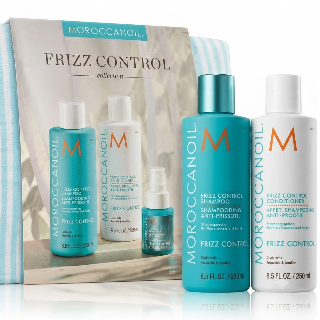 Kit Moroccanoil Frizz Control Shampoo + Acondicionador + Spray + Cosmetiquera Antifrizz
