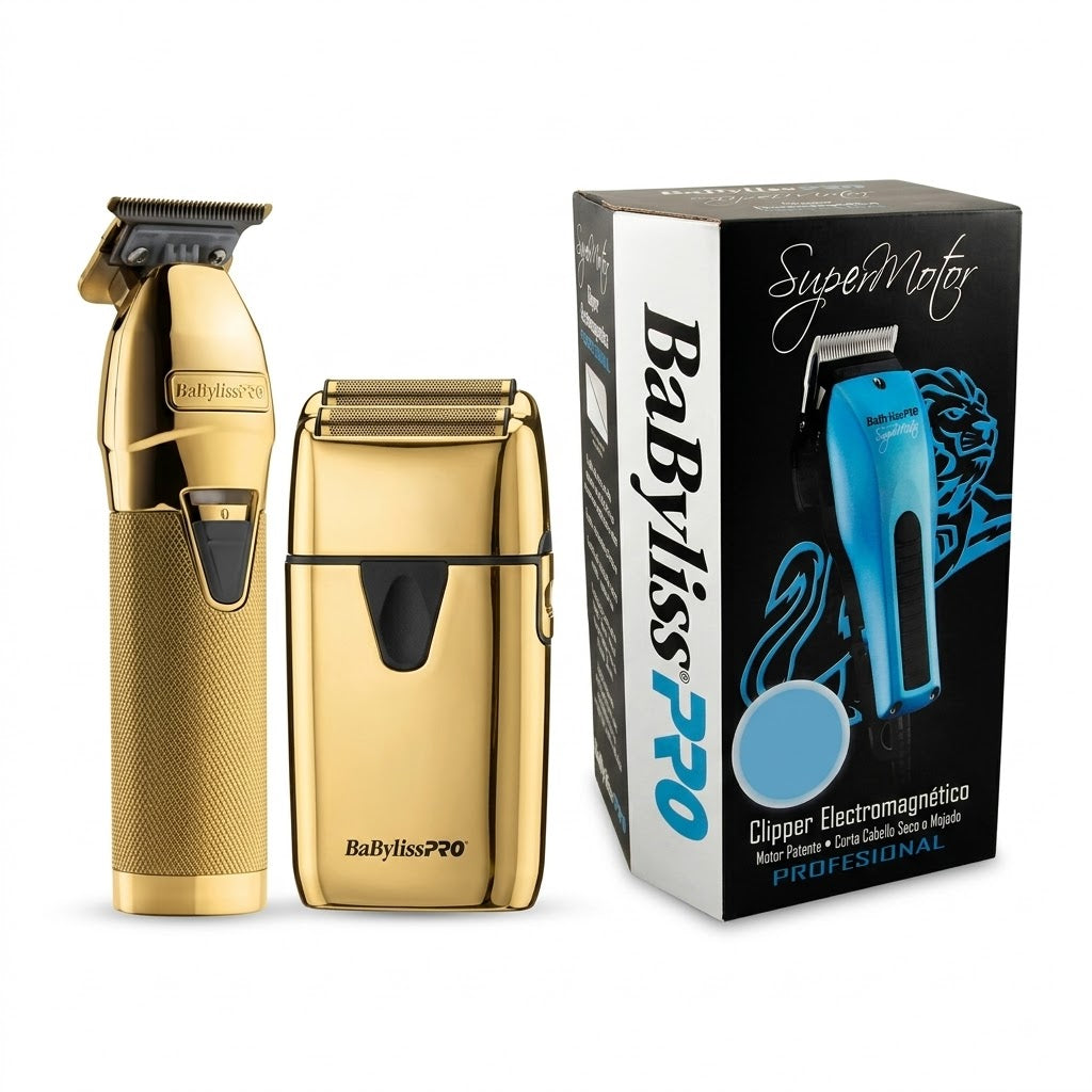 BABYLISS PRO TRIMMER GOLD + SHAVER GOLD + CLIPPER SUPERMOTOR GRATIS El combo profesional para dominar cortes, detalles y acabados de barbería.