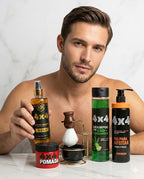 COMBO BARBER 4X4 SHAMPOO CBD + POMADA + AFTER SHAVE + GEL PARA AFEITAR + KIT DE AFEITADO