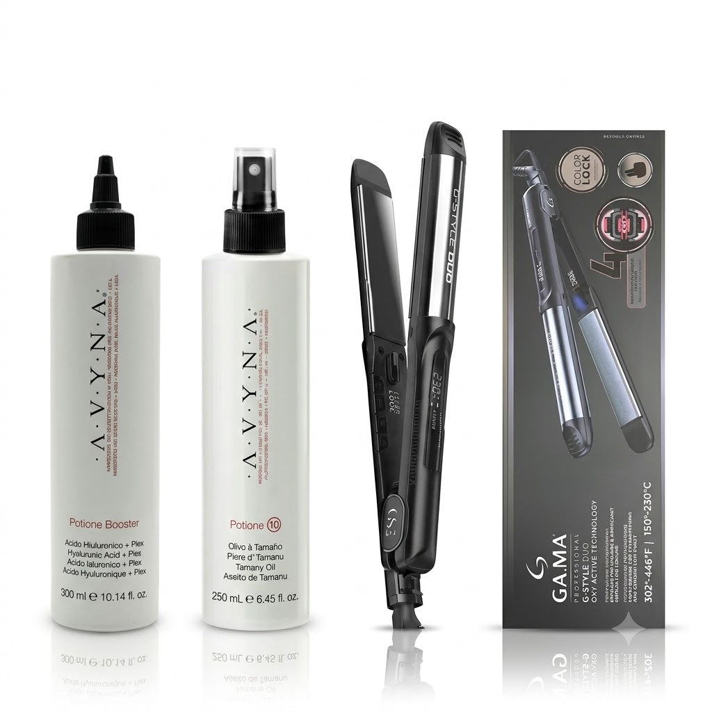 Combo Plancha Profesional GAMA CP1 Style Duo Led Titanio + AVYNA Pozione Booster 300 ml + Pozione 10 Tamanu Oil 250 ml