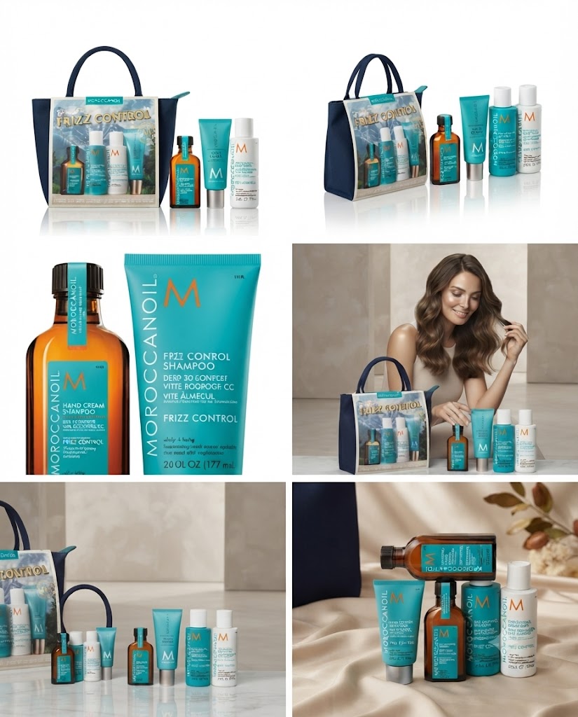Kit Moroccanoil Frizz Control | Shampoo, Acondicionador, Tratamiento, Crema de Manos y Cosmetiquera