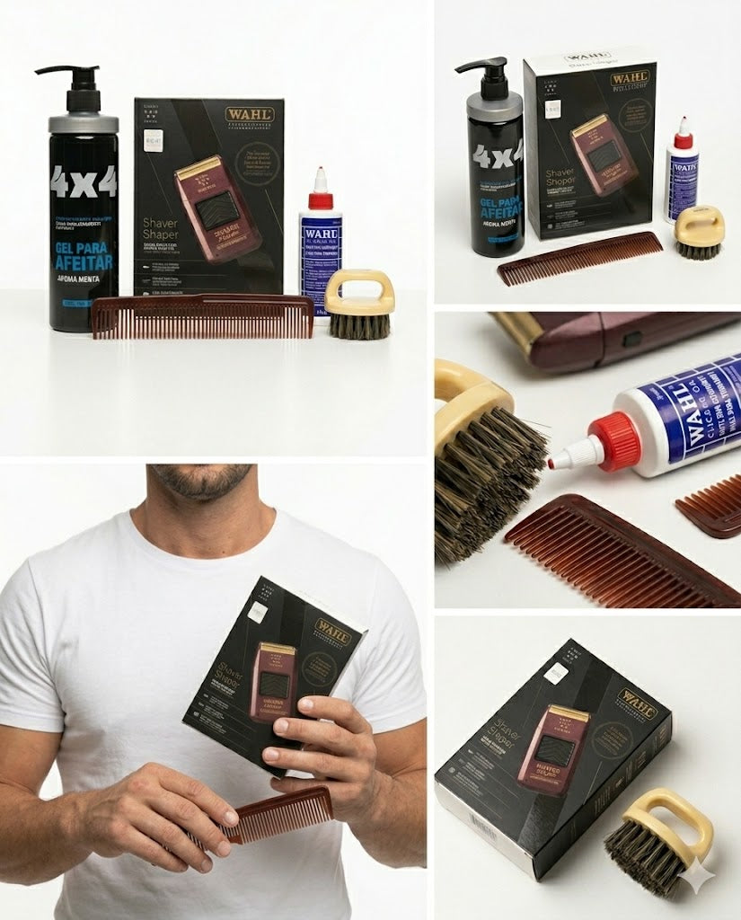 COMBO WAHL SHAVER SHAPER + GEL PARA AFEITAR 4X4 + ACEITE + ACCESORIOS BARBER