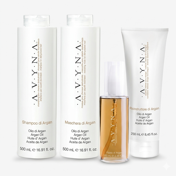 Sistema Avyna Argan – Shampoo 500ml + Maschera 500ml + Ricostruttore 250ml + fluido 200ml