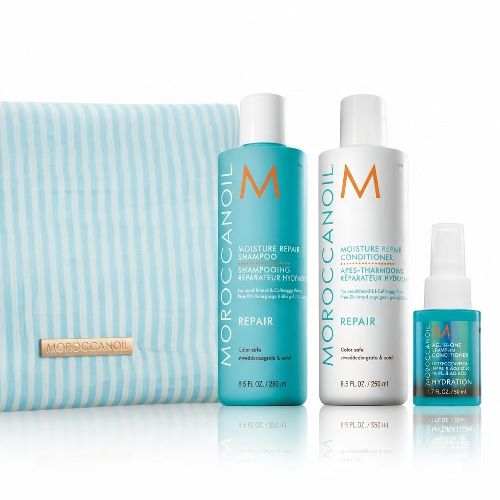 Kit Moroccanoil Repair Shampoo + Acondicionador + Tratamiento Hydration + Cosmetiquera