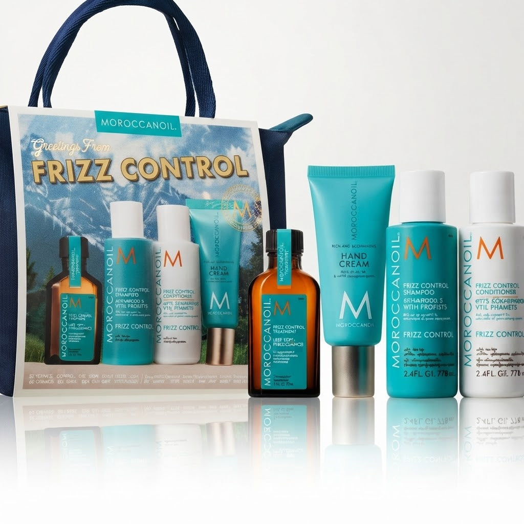 Kit Moroccanoil Frizz Control | Shampoo, Acondicionador, Tratamiento, Crema de Manos y Cosmetiquera