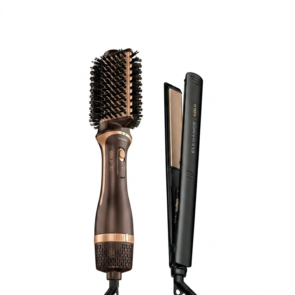 GAMA Italy Gold 3D Volumizer + Elegance Gold – Kit de Cepillo Secador y Plancha Profesional