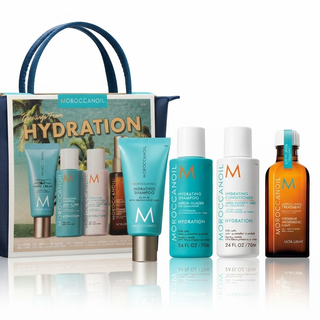 Kit Moroccanoil Hydration | Shampoo, Acondicionador, Tratamiento, Crema de Manos y Cosmetiquera