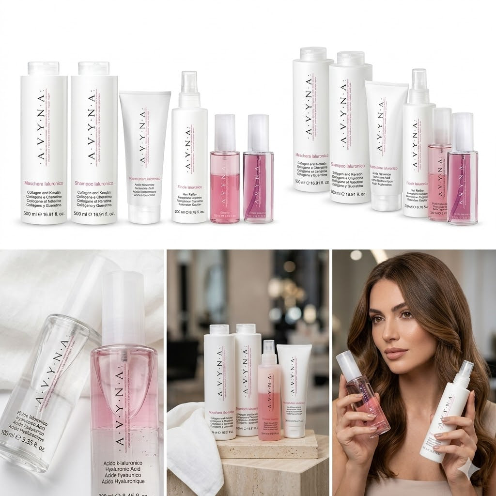 AVYNA RITUAL HIALURÓNICO SHAMPOO 500 ML + MASCARILLA 500 ML + RECONSTRUCTOR 250 ML + BIFÁSICO 200 ML + FLUIDO 100 ML + FINALE HIALURÓNICO 200 ML