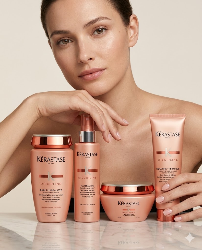 KÉRASTASE DISCIPLINE BAIN FLUIDEALISTE 250 ML + FLUIDEALISTE SPRAY 150 ML + MASKÉRATINE 200 ML + KÉRATINE THERMIQUE 150 ML