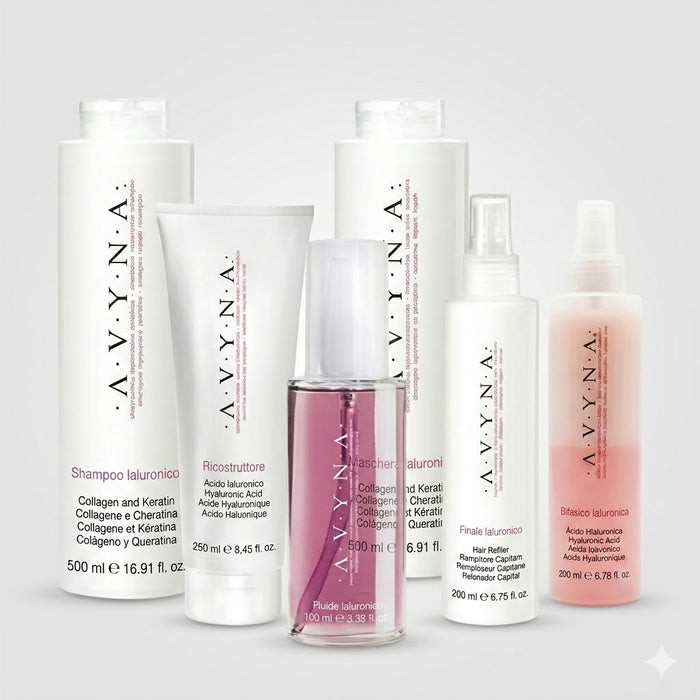 AVYNA RITUAL HIALURÓNICO SHAMPOO 500 ML + MASCARILLA 500 ML + RECONSTRUCTOR 250 ML + BIFÁSICO 200 ML + FLUIDO 100 ML + FINALE HIALURÓNICO 200 ML