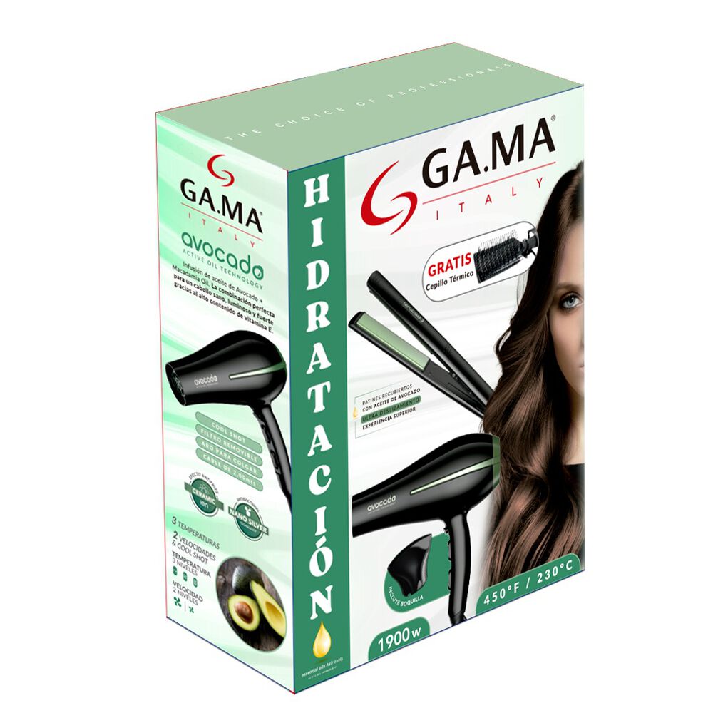 Kit secadora y plancha GAMA con tecnología aguacate para hidratación capilar profesional