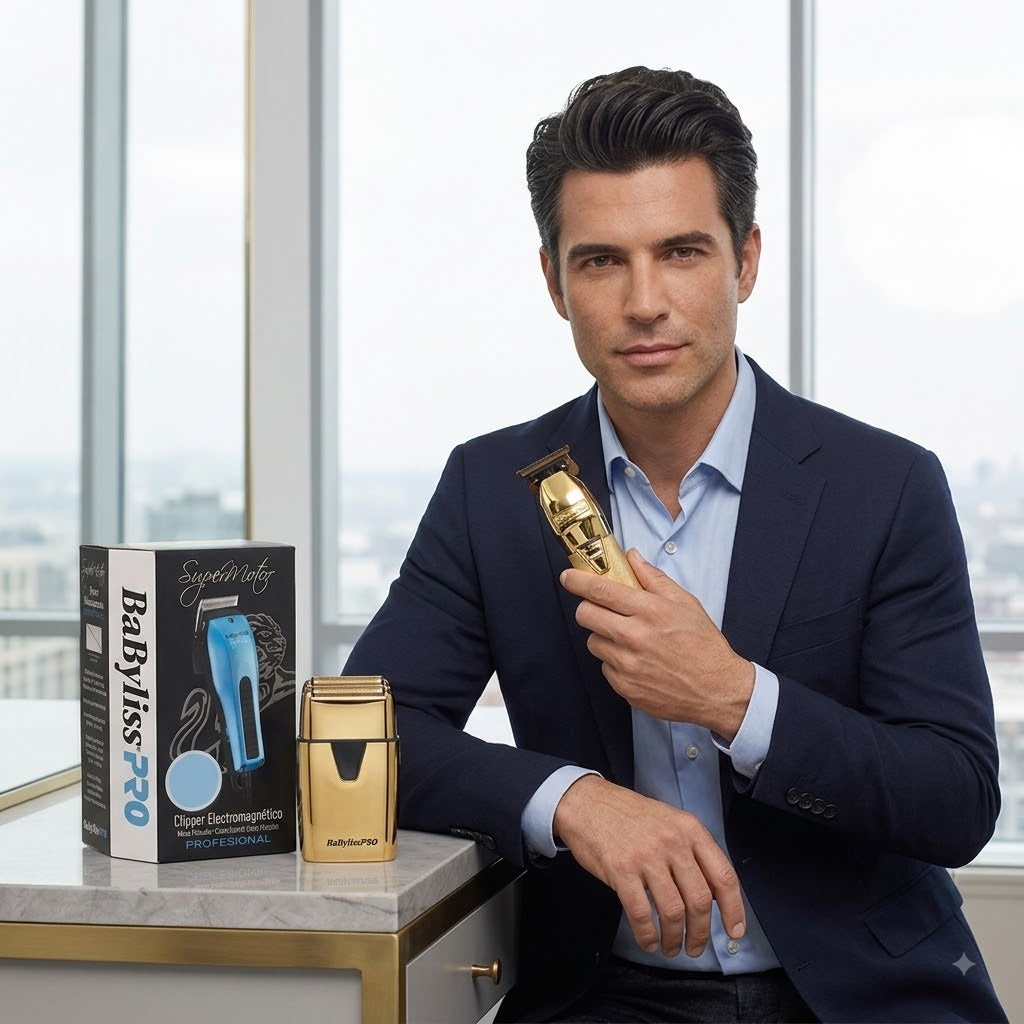 BABYLISS PRO TRIMMER GOLD + SHAVER GOLD + CLIPPER SUPERMOTOR GRATIS El combo profesional para dominar cortes, detalles y acabados de barbería.