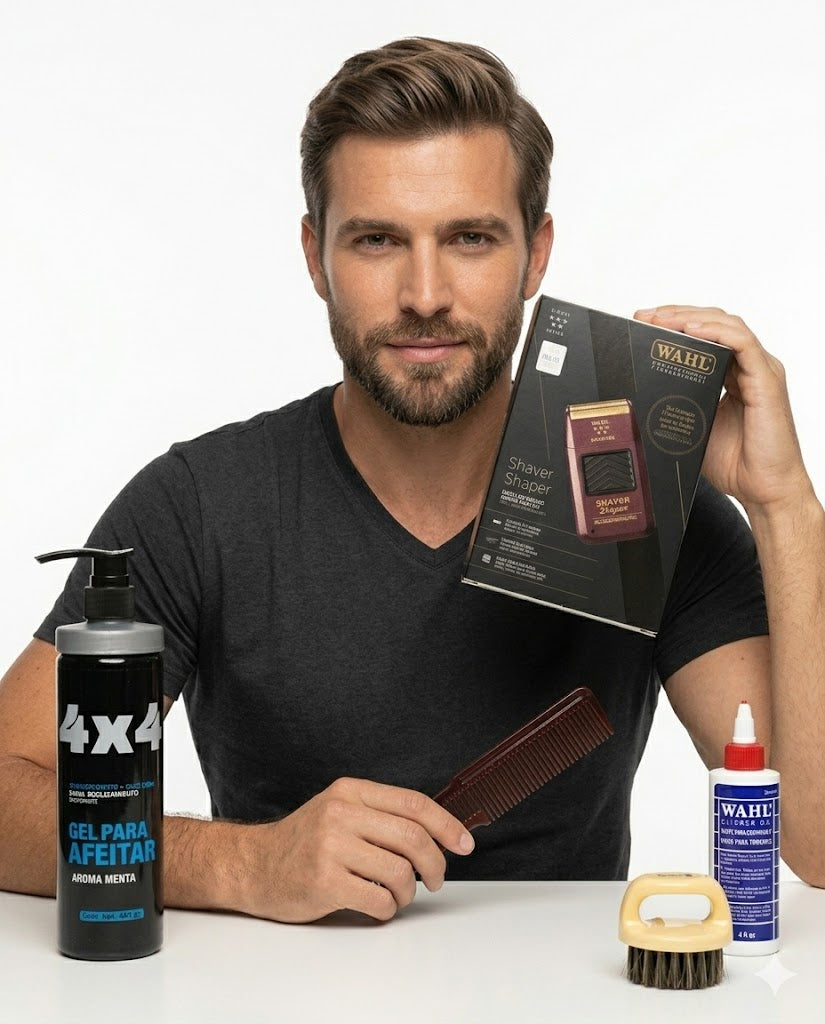 COMBO WAHL SHAVER SHAPER + GEL PARA AFEITAR 4X4 + ACEITE + ACCESORIOS BARBER