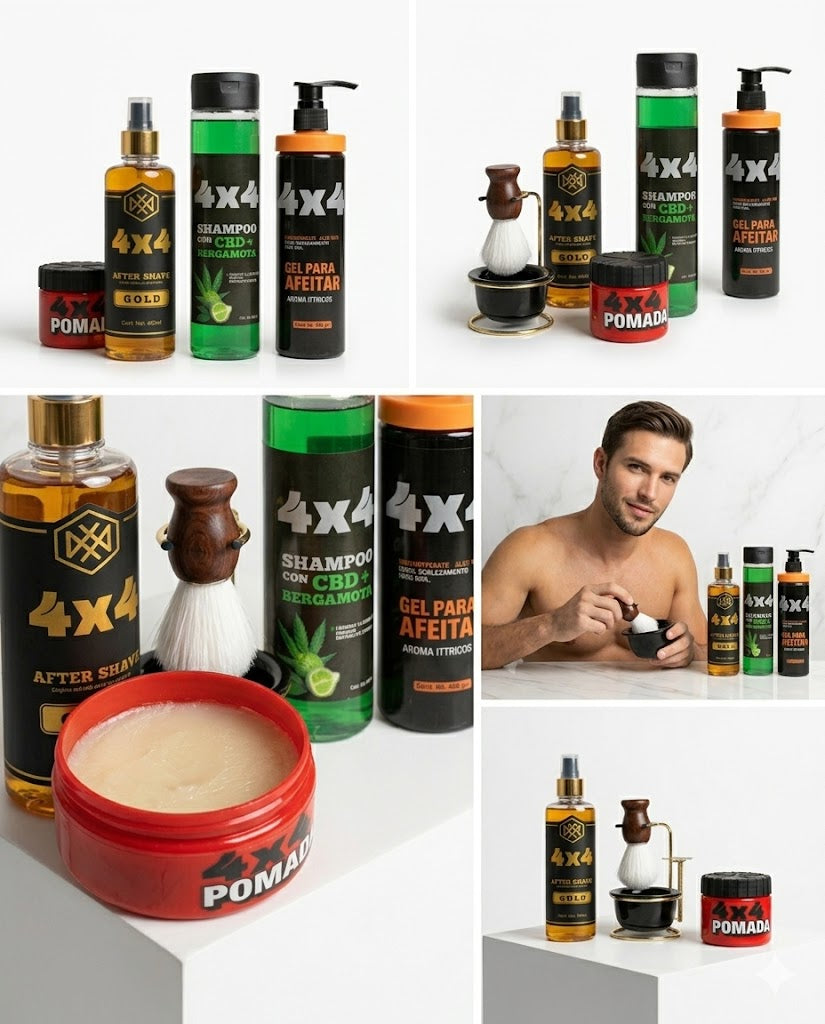 COMBO BARBER 4X4 SHAMPOO CBD + POMADA + AFTER SHAVE + GEL PARA AFEITAR + KIT DE AFEITADO