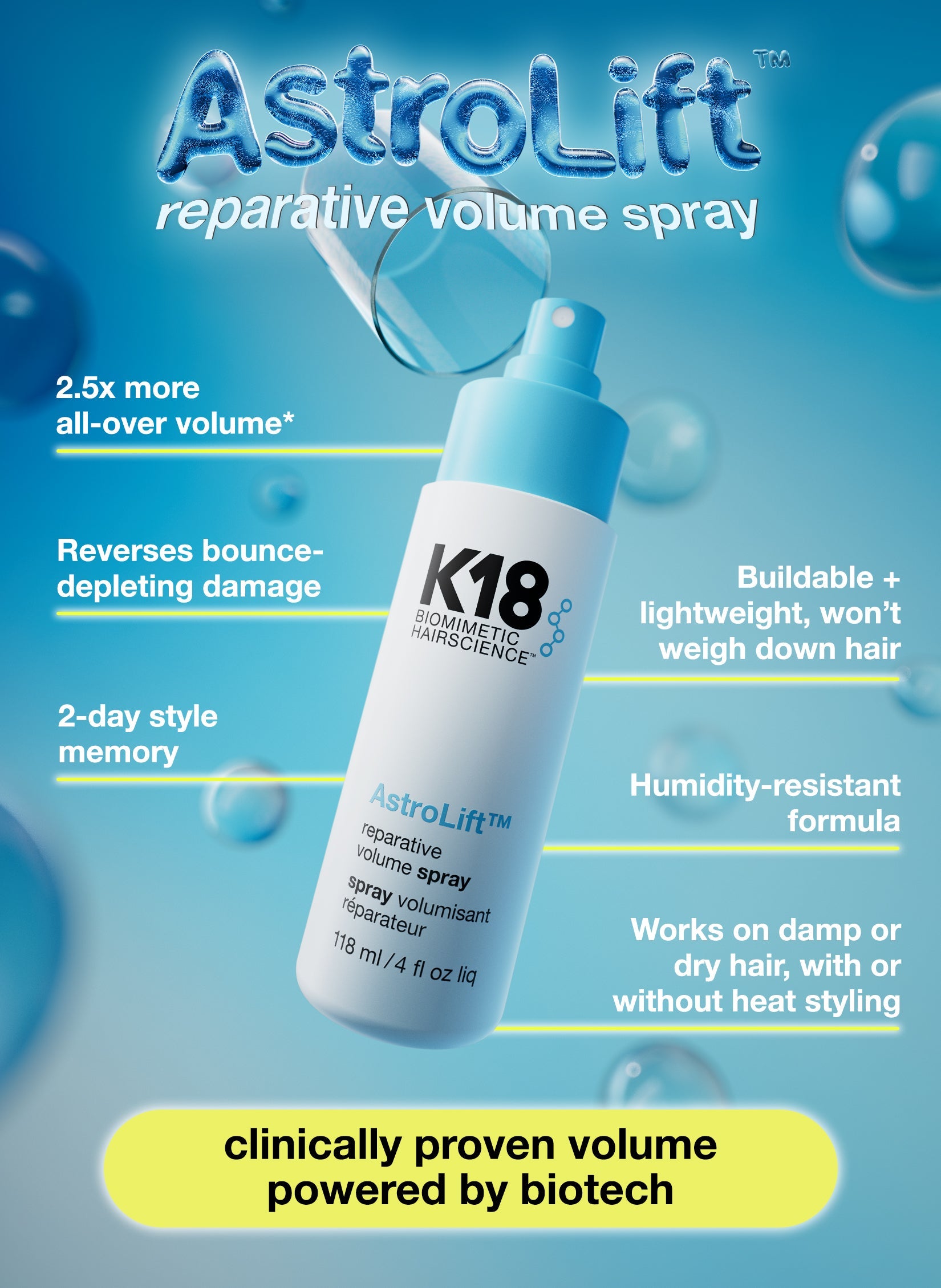 Spray K18 AstroLift Reparative Volume Spray 118ml Volumen y Cuerpo Profesional
