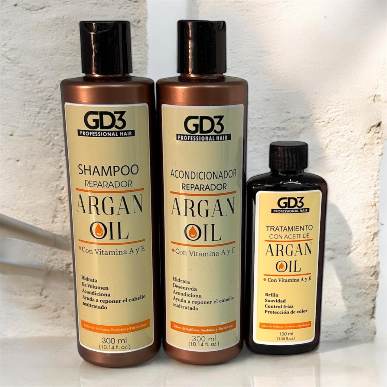 Combo Reparación Argan Oil GD3 Profesional 3 Piezas para cabello dañado