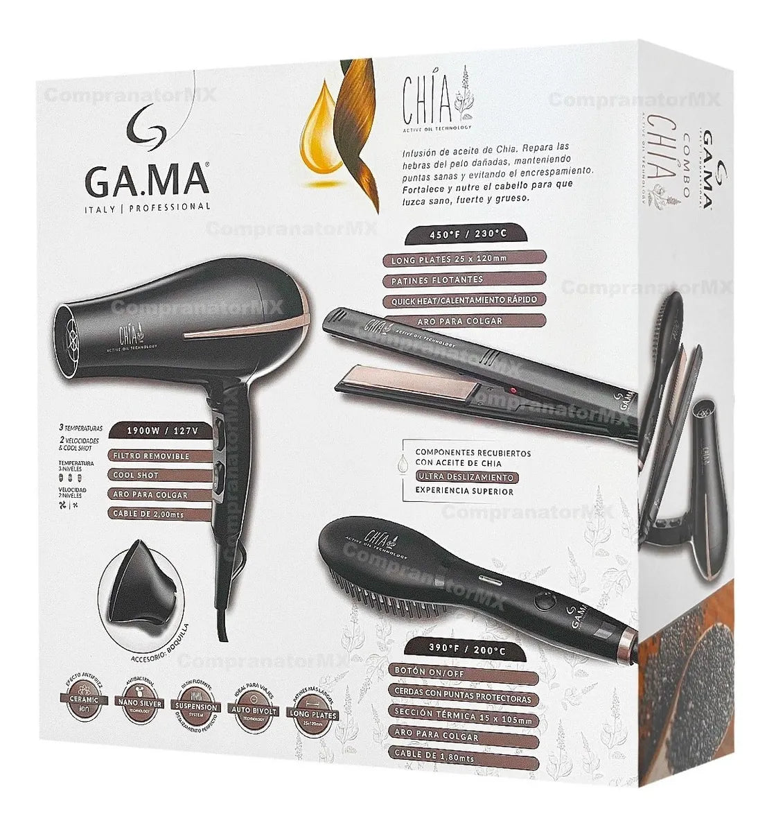 Combo GAMA Chia Secadora Bora + Plancha Elegance + Cepillo Profesional