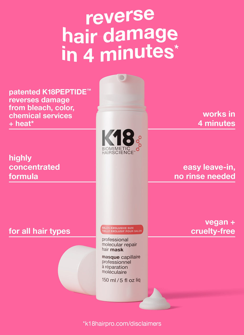 Tratamiento K18 Mask Leave-In Molecular Repair 150ml Profesional Cabina Salon