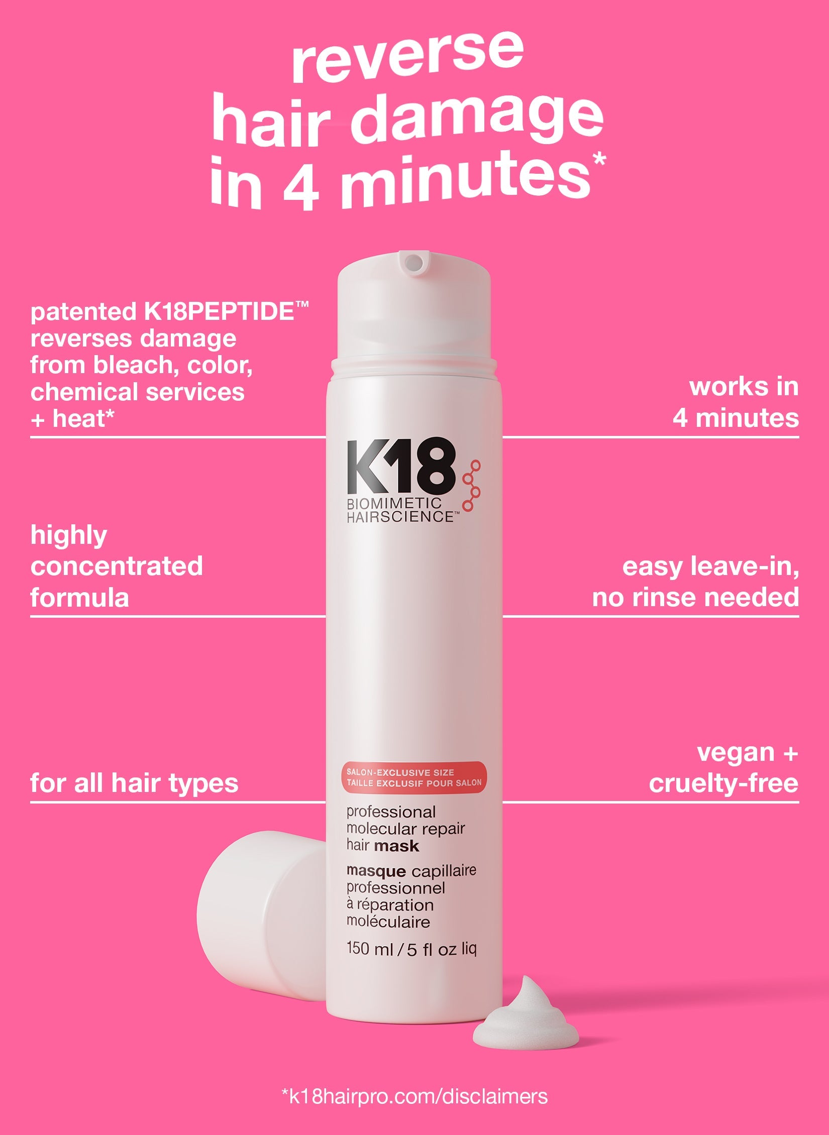 Tratamiento K18 Mask Leave-In Molecular Repair 150ml Profesional Cabina Salon
