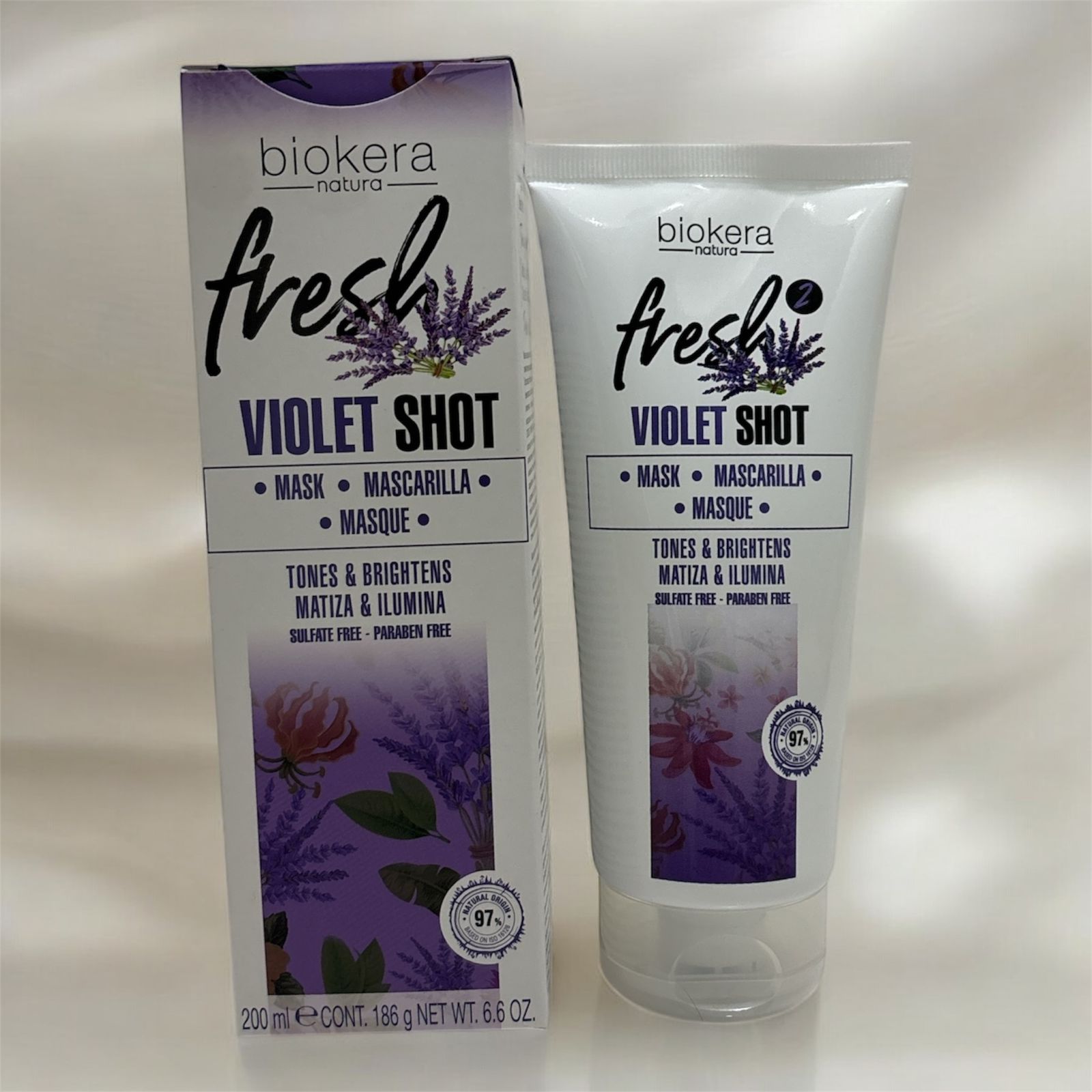 Mascarilla Matizante Violet Shot Biokera Fresh Salerm 200ml para neutralizar tonos amarillos en cabello rubio