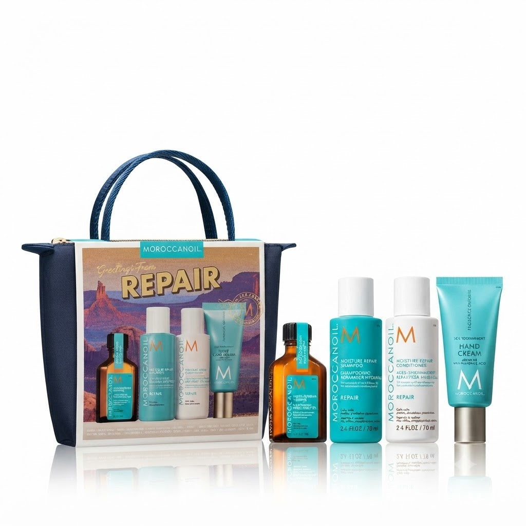 Kit Moroccanoil Repair | Shampoo, Acondicionador, Tratamiento, Crema de Manos y Cosmetiquera