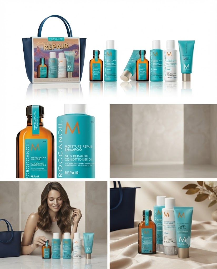 Kit Moroccanoil Repair | Shampoo, Acondicionador, Tratamiento, Crema de Manos y Cosmetiquera