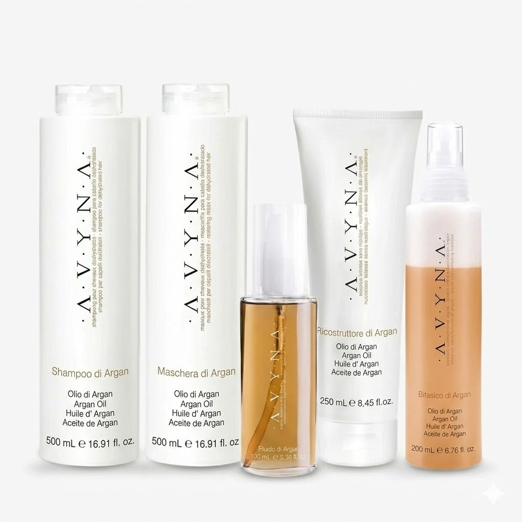 COMBO AVYNA ARGAN SHAMPOO + MASCHERA + RICOSTRUTTORE + FLUIDO + BIFÁSICO
