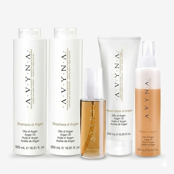 COMBO AVYNA ARGAN SHAMPOO + MASCHERA + RICOSTRUTTORE + FLUIDO + BIFÁSICO