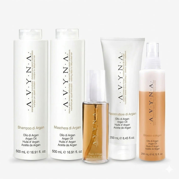 COMBO AVYNA ARGAN SHAMPOO + MASCHERA + RICOSTRUTTORE + FLUIDO + BIFÁSICO