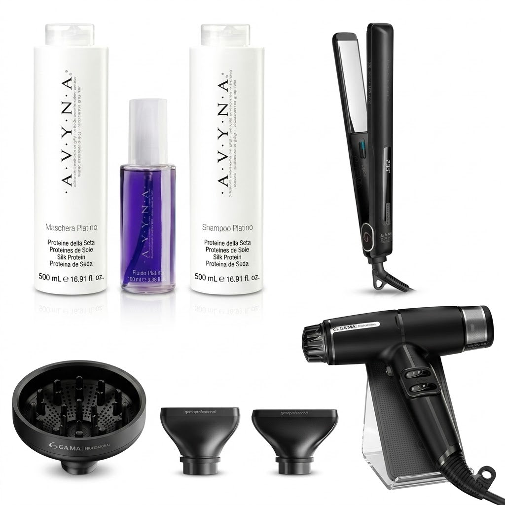 GA.MA PLANCHA + SECADORA PROFESIONAL + KIT AVYNA PLATINO GRATIS Styling profesional completo con tratamiento matizante de regalo.