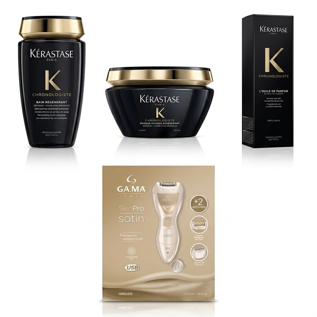 KIT KÉRASTASE CHRONOLOGISTE + DEPILADORA GA.MA SKINPRO SATIN GRATIS Lujo capilar completo con un regalo especial para tu rutina de belleza.