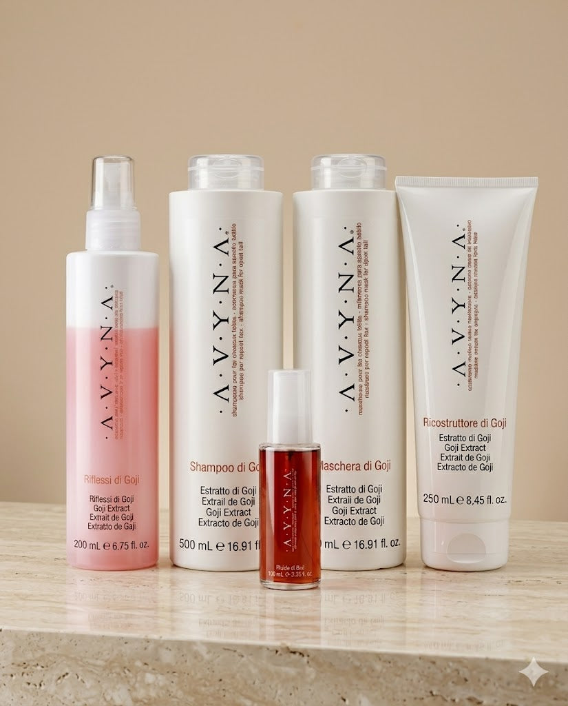 AVYNA GOJI SHAMPOO 500 ML + MASCARILLA 500 ML + RECONSTRUCTOR GOJI 250 ML + REFLEJOS DE GOJI 200 ML + FLUIDO DE GOJI 100 ML