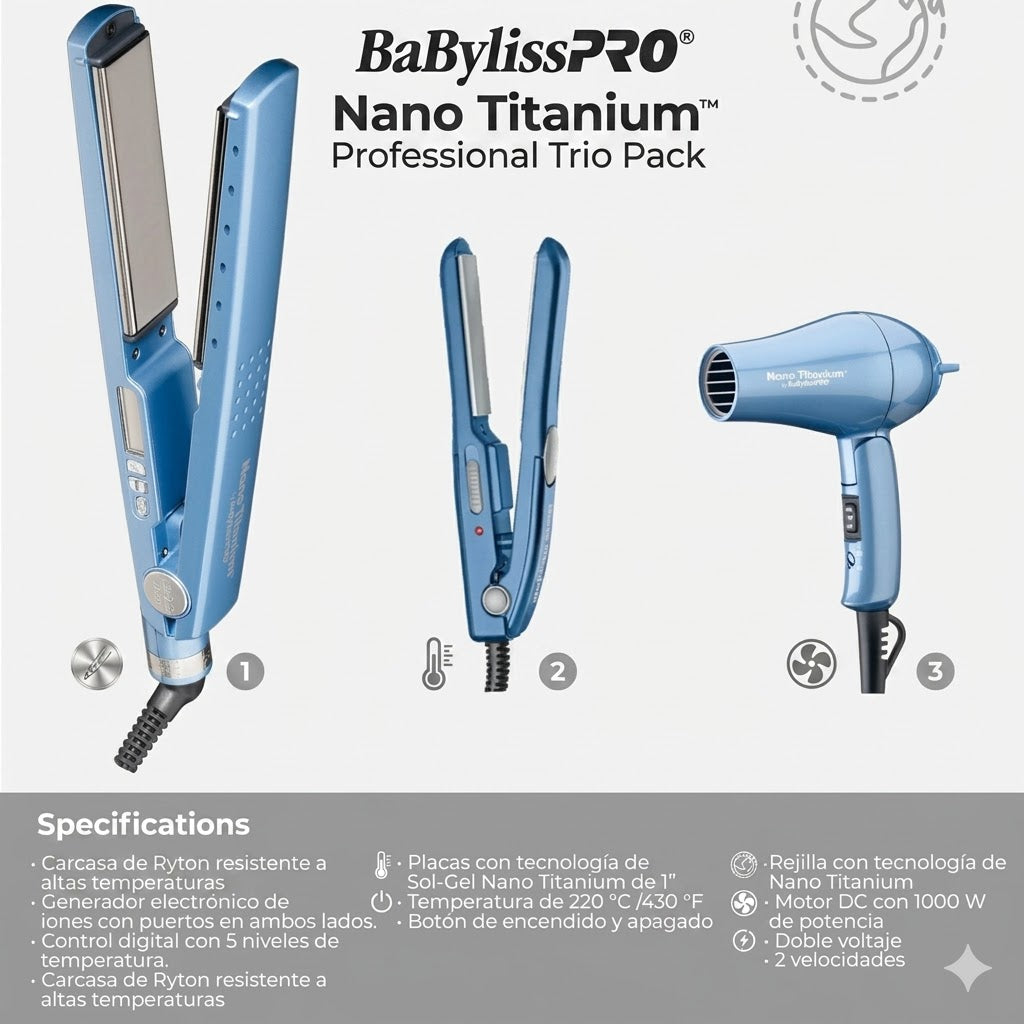 Combo BaByliss Plancha Mini + Secadora Mini Nano Titanium Viaje Portátil