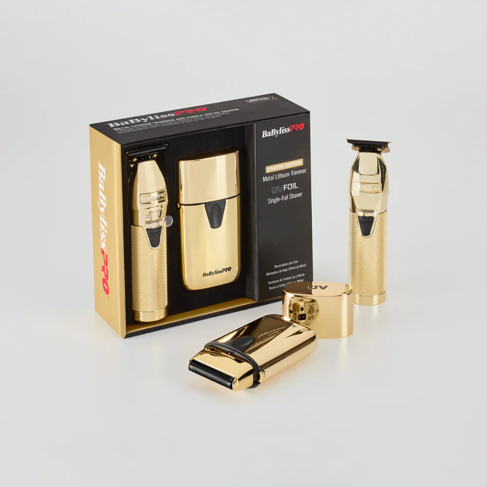 Combo BaBylissPRO Trimmer FX + Shaver UV Gold Barber Profesional Inalámbrico