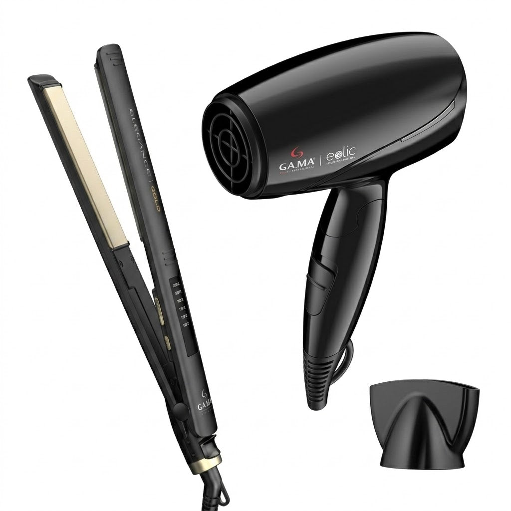 GAMA Italy Elegance Gold + Secadora Eolic Mini – Kit Profesional de Alisado y Secado