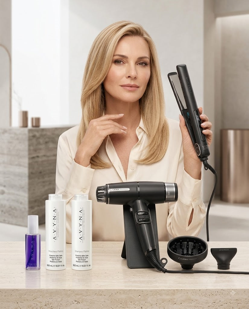 GA.MA PLANCHA + SECADORA PROFESIONAL + KIT AVYNA PLATINO GRATIS Styling profesional completo con tratamiento matizante de regalo.