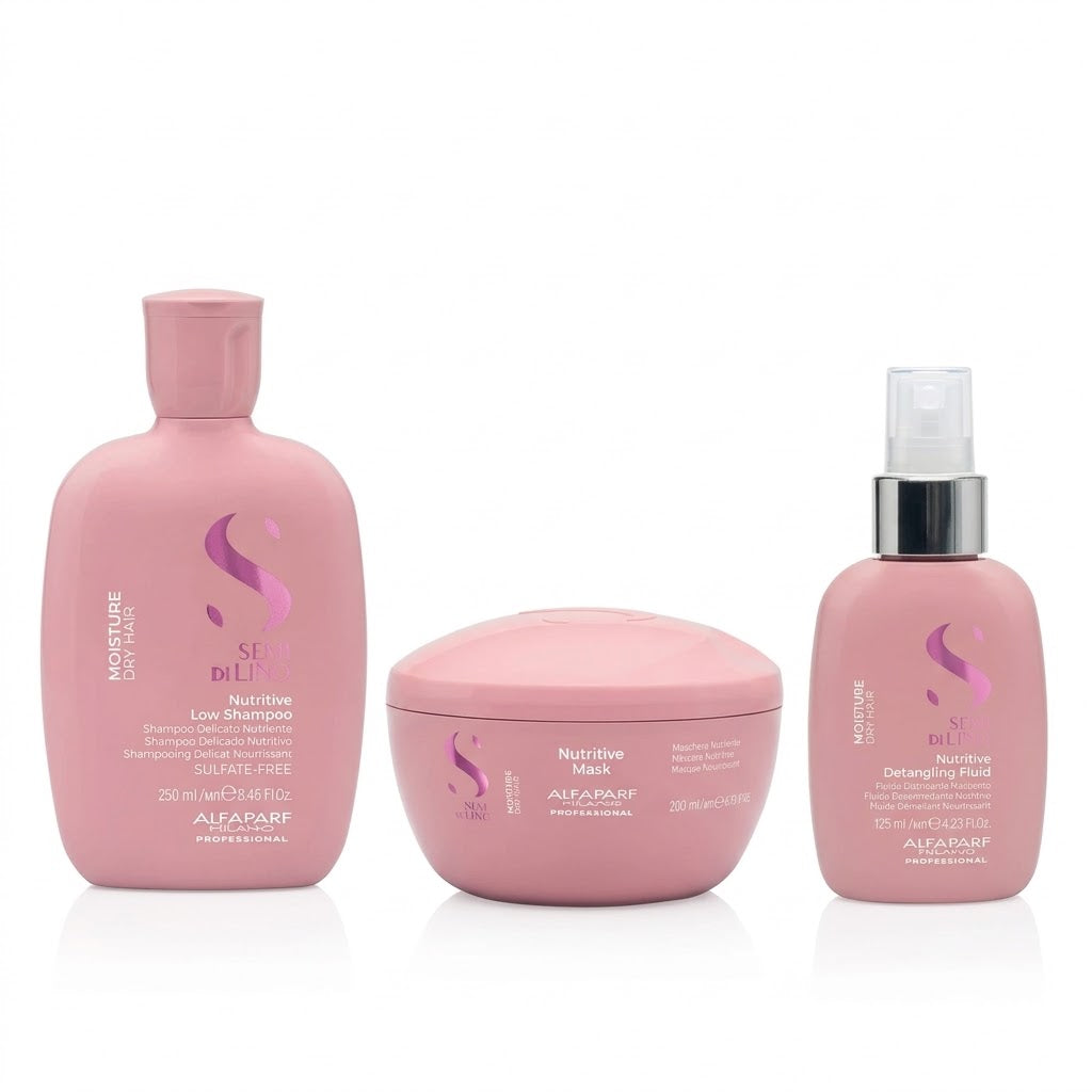 ALFAPARF SEMI DI LINO MOISTURE NUTRITIVE RITUAL HIDRATANTE COMPLETO (SHAMPOO 250 ML + MASCARILLA 200 ML + LEAVE-IN 125 ML)