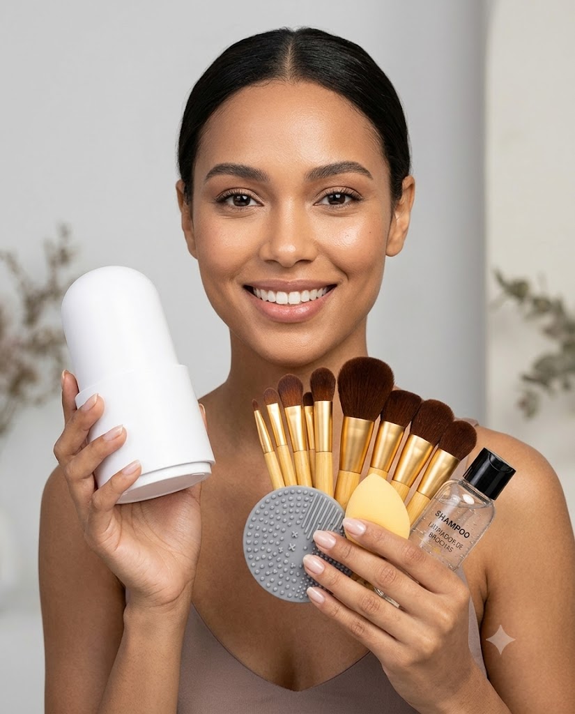 KIT BROCHAS 16 BROCHAS + ESTUCHE + PAD LIMPIA BROCHAS + SHAMPOO LIMPIADOS + BEAUTY BLENDER