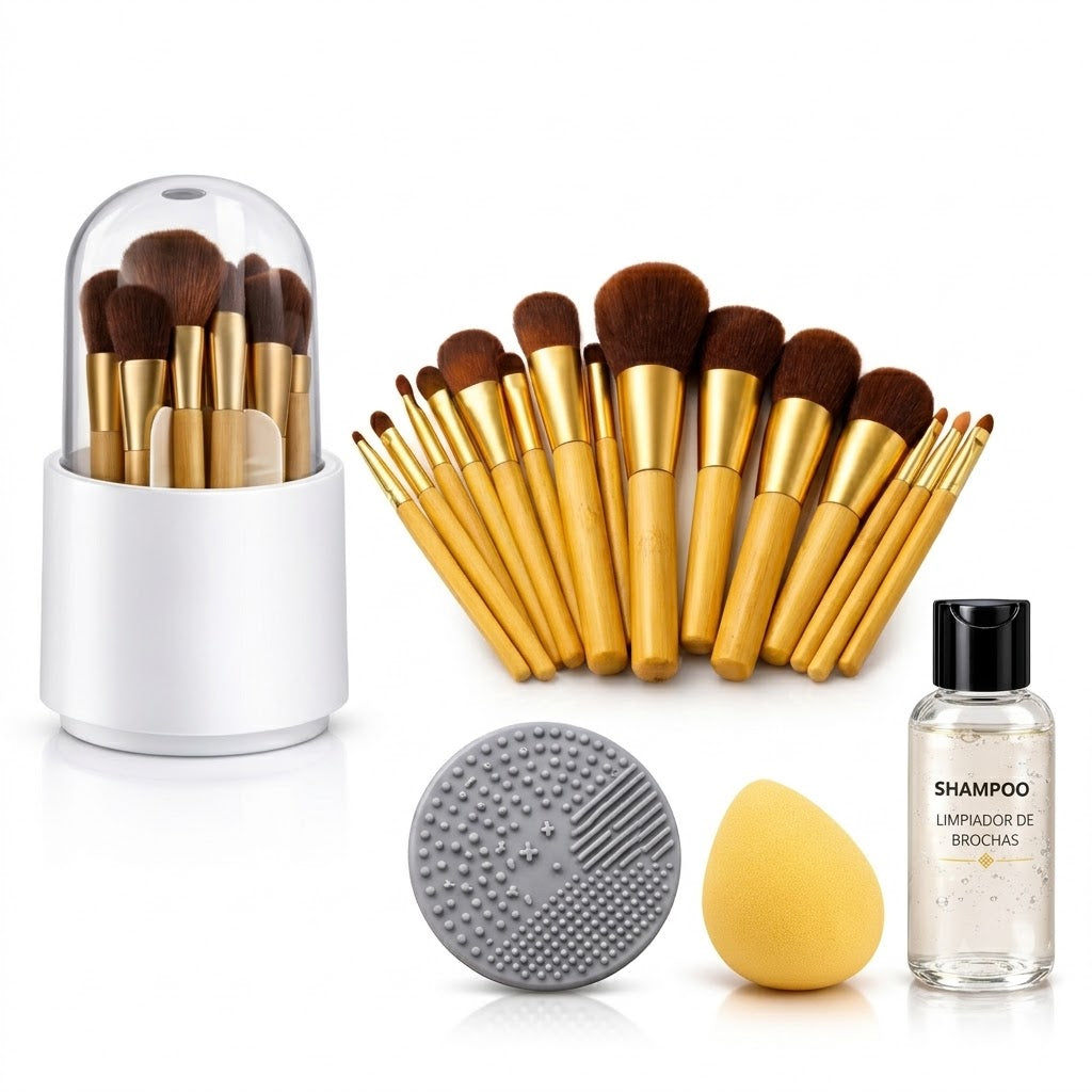 KIT BROCHAS 16 BROCHAS + ESTUCHE + PAD LIMPIA BROCHAS + SHAMPOO LIMPIADOS + BEAUTY BLENDER